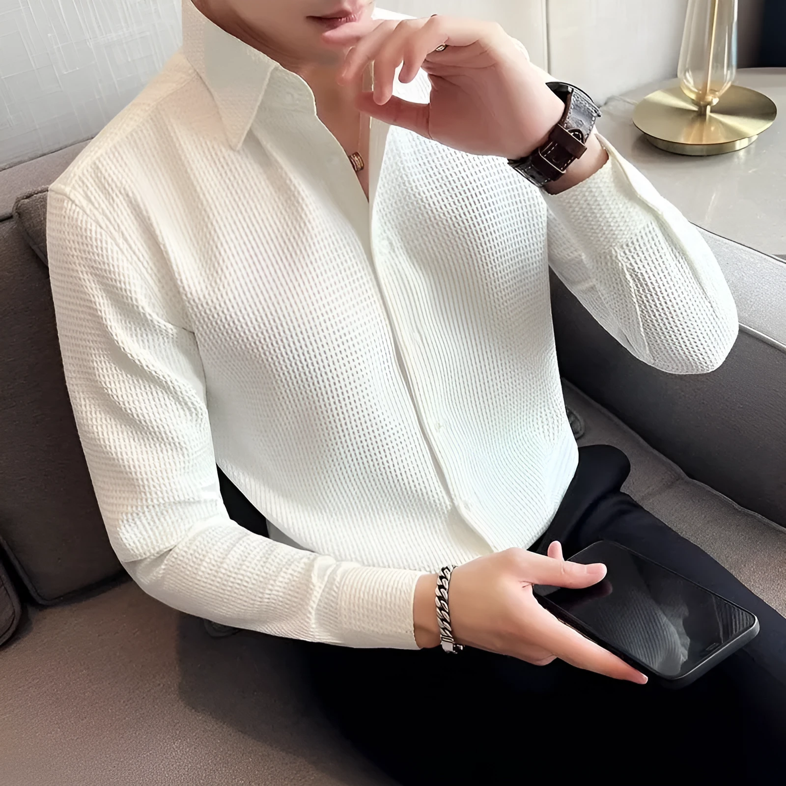 Men's long-sleeved solid colour polyester business shirt in white, black, green for spring autumn office wear