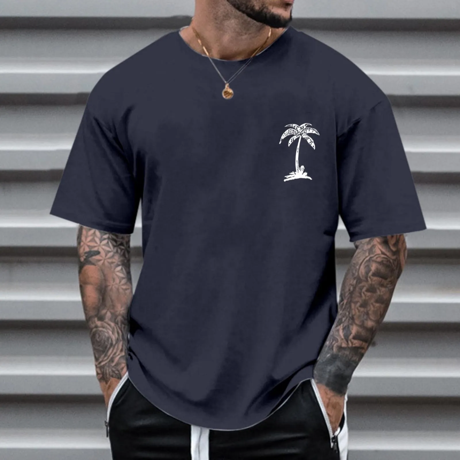 Men's round neck printed short sleeve t-shirt in loose fit polyester fibre, front view