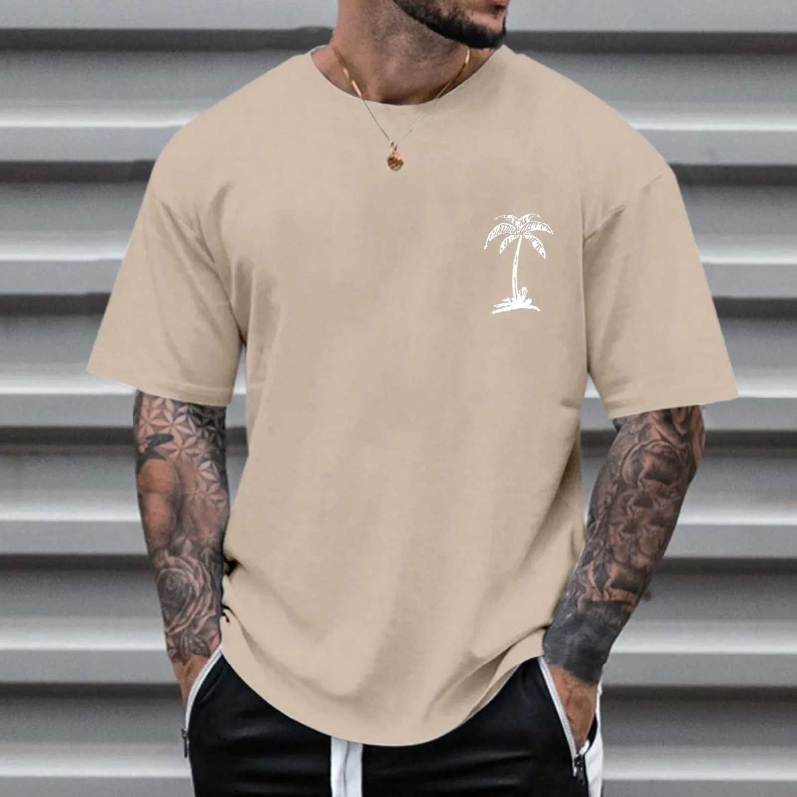Men's round neck printed short sleeve t-shirt in loose fit polyester fibre, front view