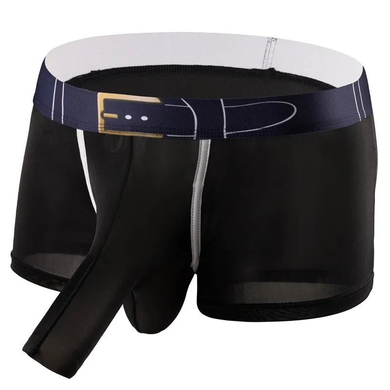 A pair of solid grey men's ice silk boxers laid flat, showing the mid-waist design.