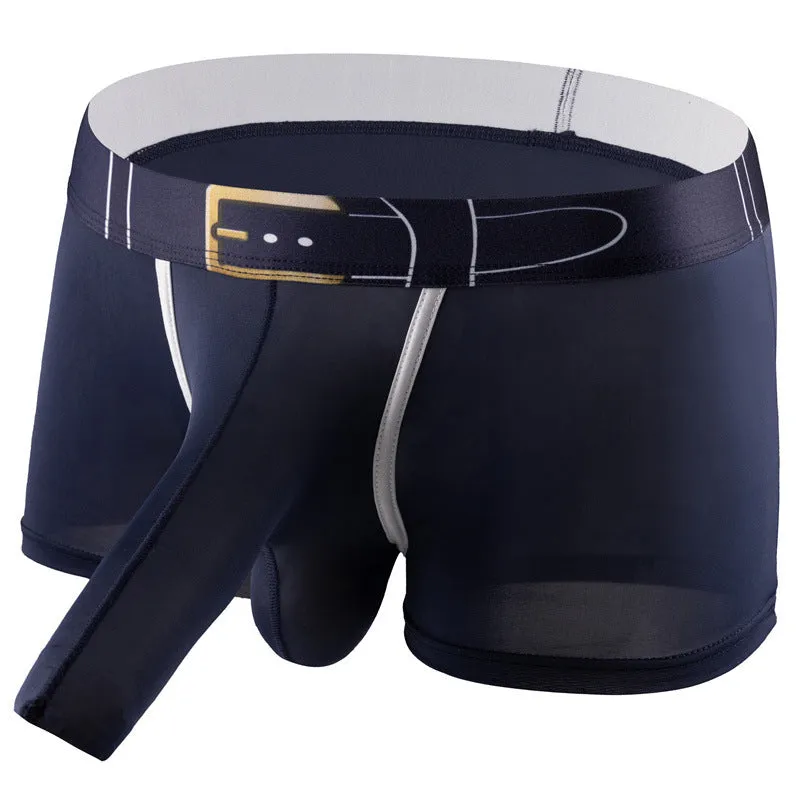 A pair of solid grey men's ice silk boxers laid flat, showing the mid-waist design.
