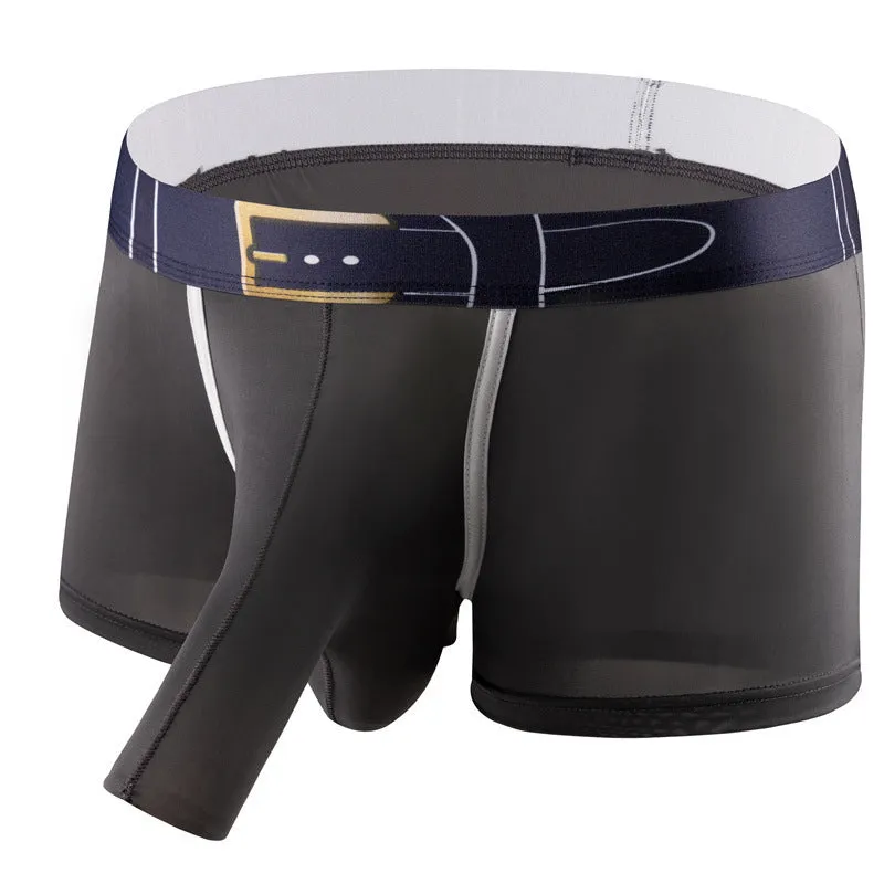 A pair of solid grey men's ice silk boxers laid flat, showing the mid-waist design.