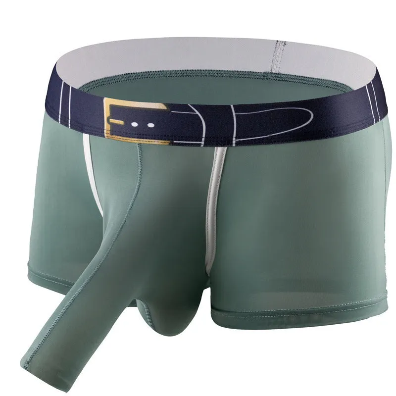 A pair of solid grey men's ice silk boxers laid flat, showing the mid-waist design.