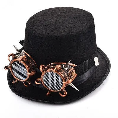 Black steampunk top hat with rivet glasses detail, made from wool and felt