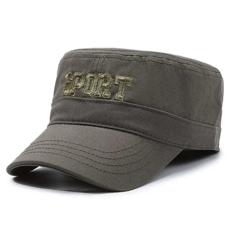 Men's cotton flat-top peaked cap in army green colour with English letter detailing and an adjustable strap.