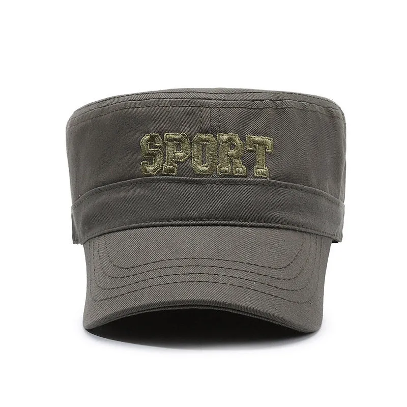 Men's cotton flat-top peaked cap in army green colour with English letter detailing and an adjustable strap.