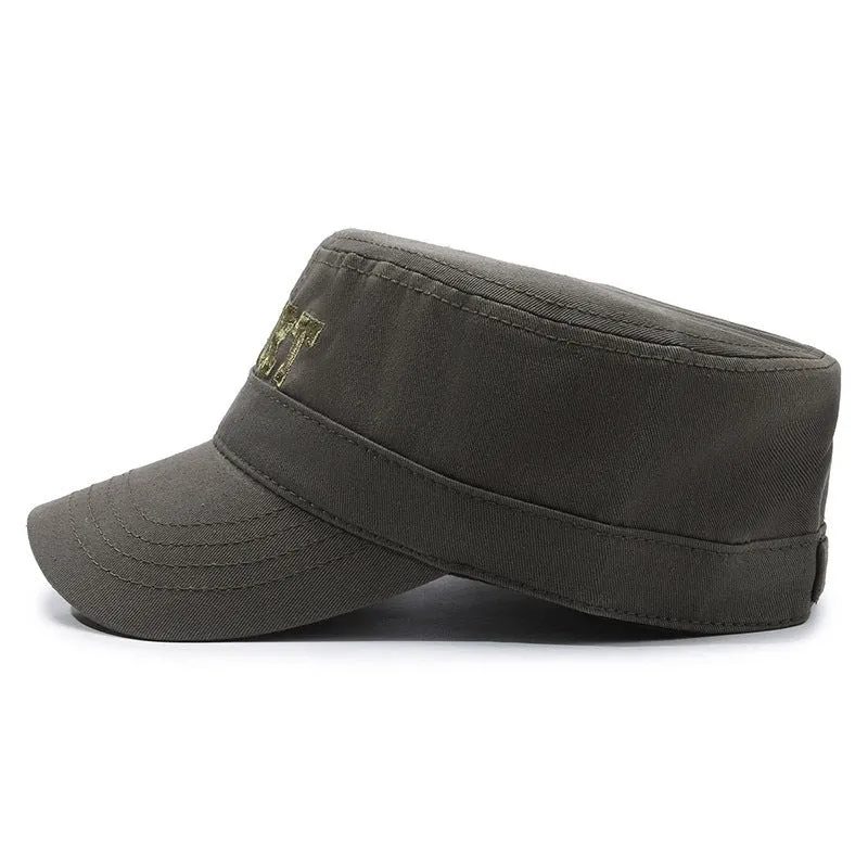Men's cotton flat-top peaked cap in army green colour with English letter detailing and an adjustable strap.