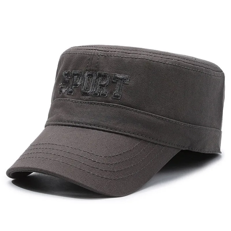 Men's cotton flat-top peaked cap in army green colour with English letter detailing and an adjustable strap.
