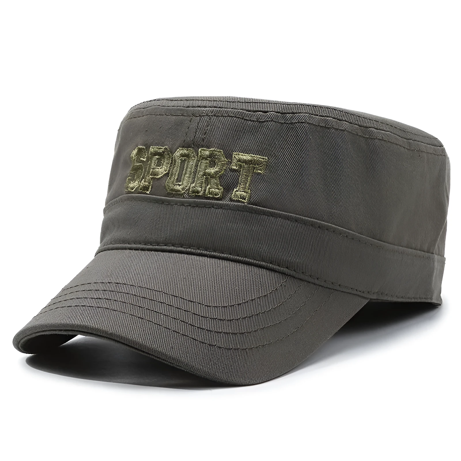 Men's cotton flat-top peaked cap in army green colour with English letter detailing and an adjustable strap.
