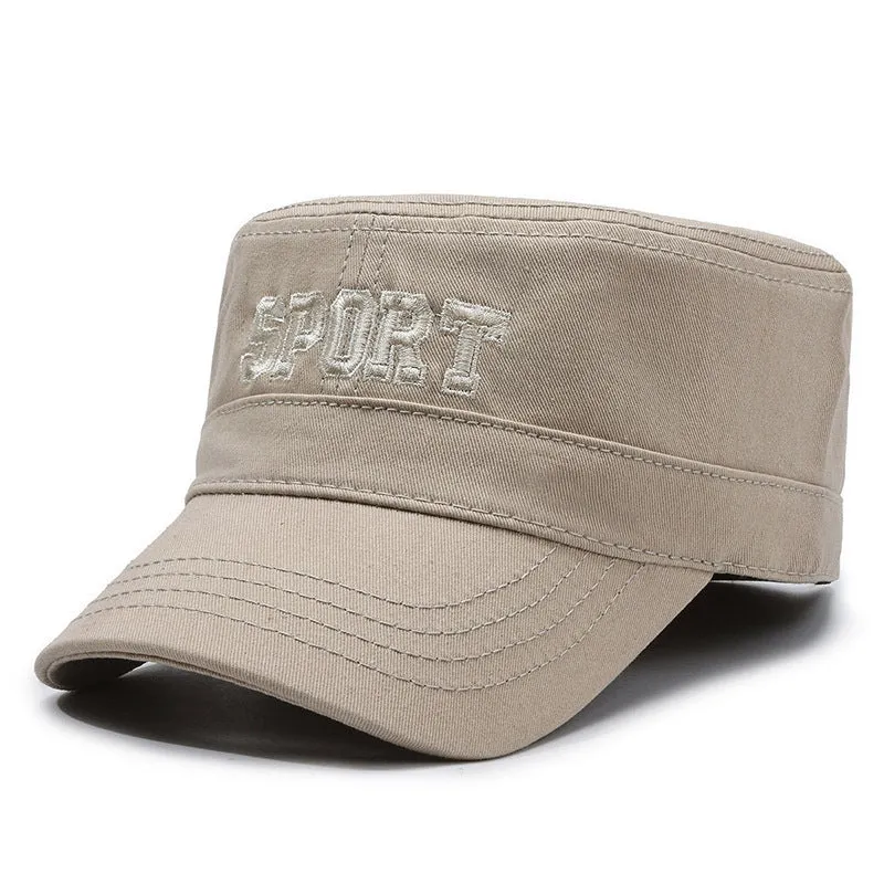 Men's cotton flat-top peaked cap in army green colour with English letter detailing and an adjustable strap.
