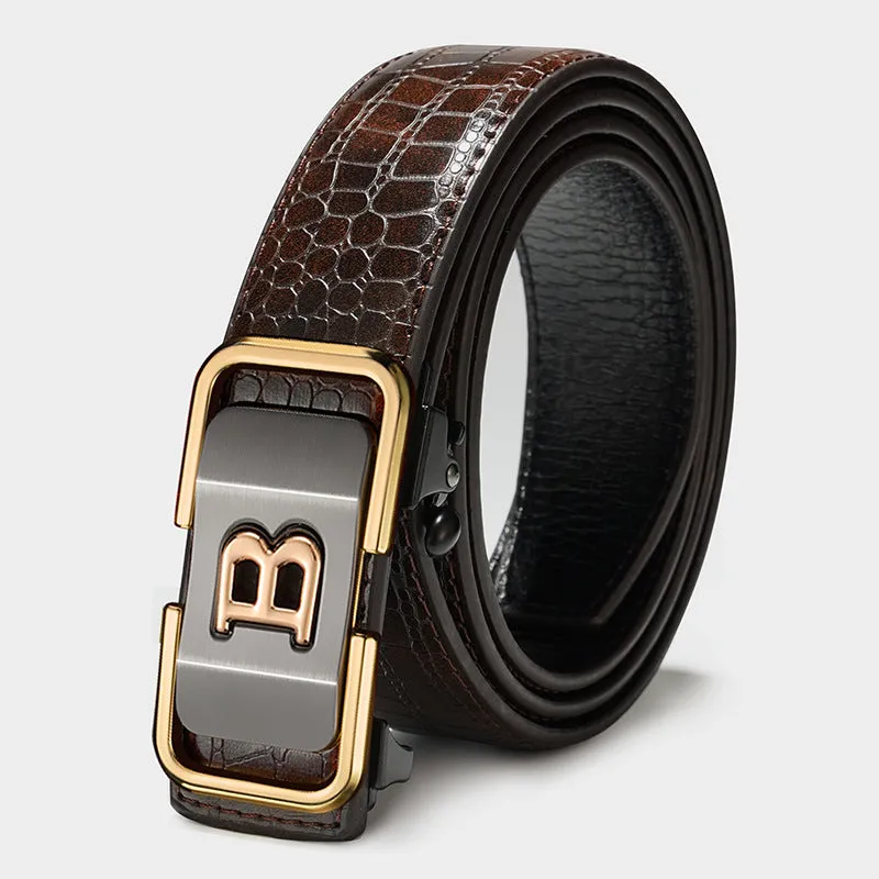 Automatic buckle genuine leather belt 3.3cm width in black with zinc alloy buckle head