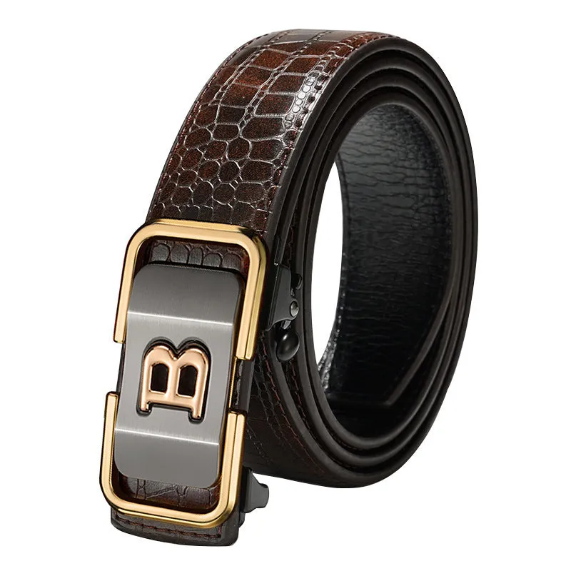 Automatic buckle genuine leather belt 3.3cm width in black with zinc alloy buckle head