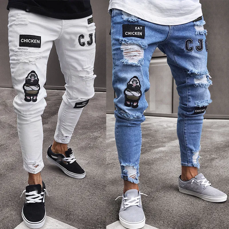 Men's slim fit embroidered jeans in blue with mid rise and zipper fly