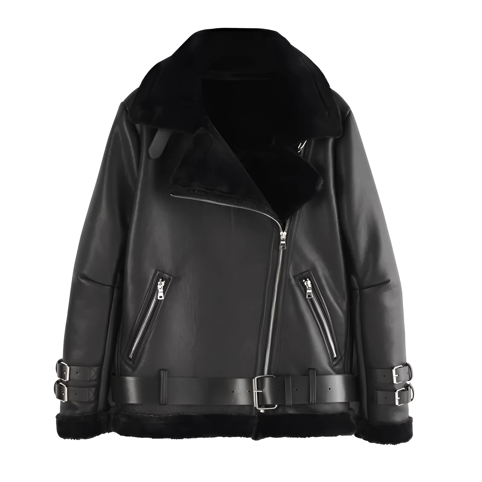 Black super short leather motorcycle jacket with stand collar, front view