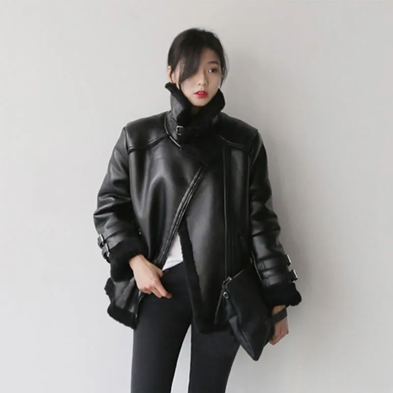 Black super short leather motorcycle jacket with stand collar, front view