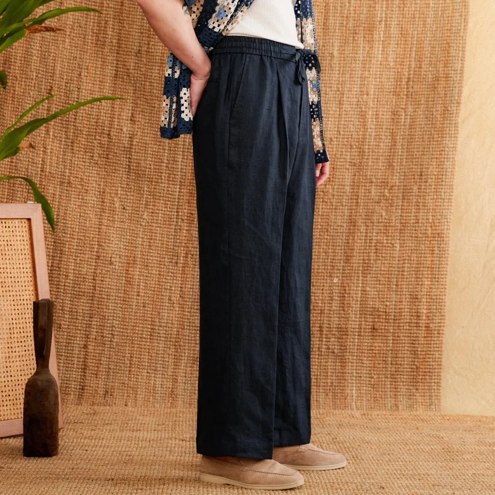 Women's linen trousers with lace trim and elastic waist in straight-leg fit