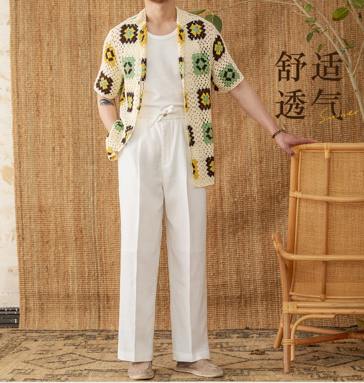 Women's linen trousers with lace trim and elastic waist in straight-leg fit
