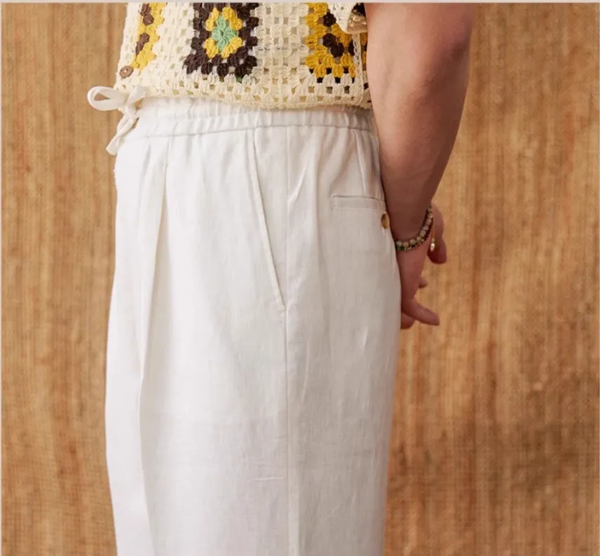Women's linen trousers with lace trim and elastic waist in straight-leg fit