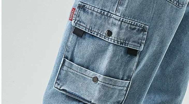 Men's denim cropped trousers in black, mid-waist straight-leg design, cotton fabric, size M to 8XL