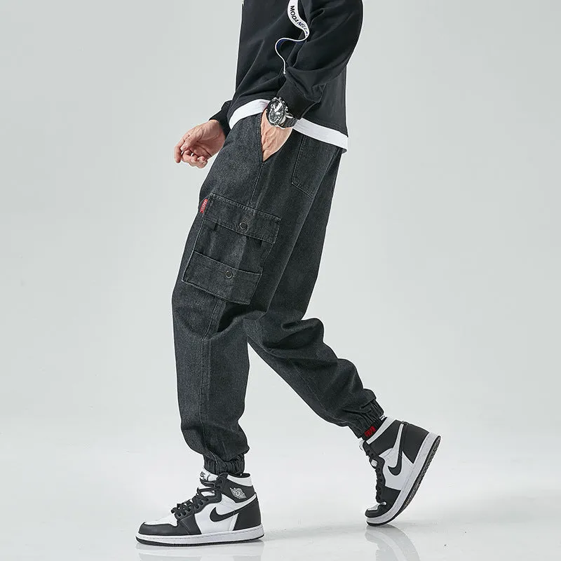 Men's denim cropped trousers in black, mid-waist straight-leg design, cotton fabric, size M to 8XL