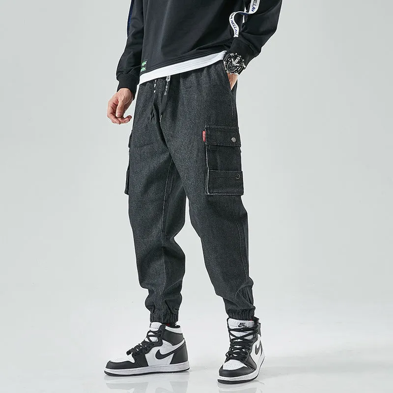 Men's denim cropped trousers in black, mid-waist straight-leg design, cotton fabric, size M to 8XL