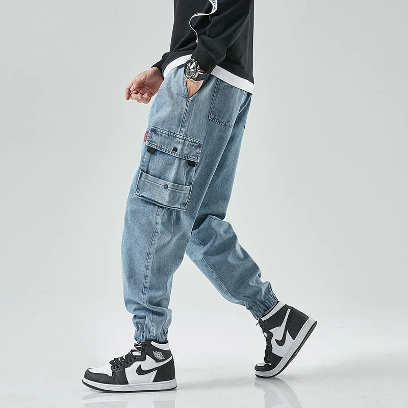 Men's denim cropped trousers in black, mid-waist straight-leg design, cotton fabric, size M to 8XL