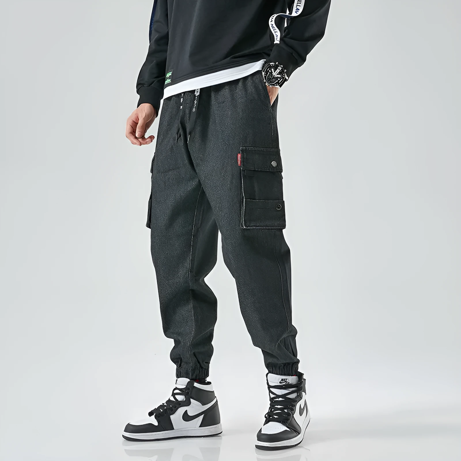 Men's denim cropped trousers in black, mid-waist straight-leg design, cotton fabric, size M to 8XL