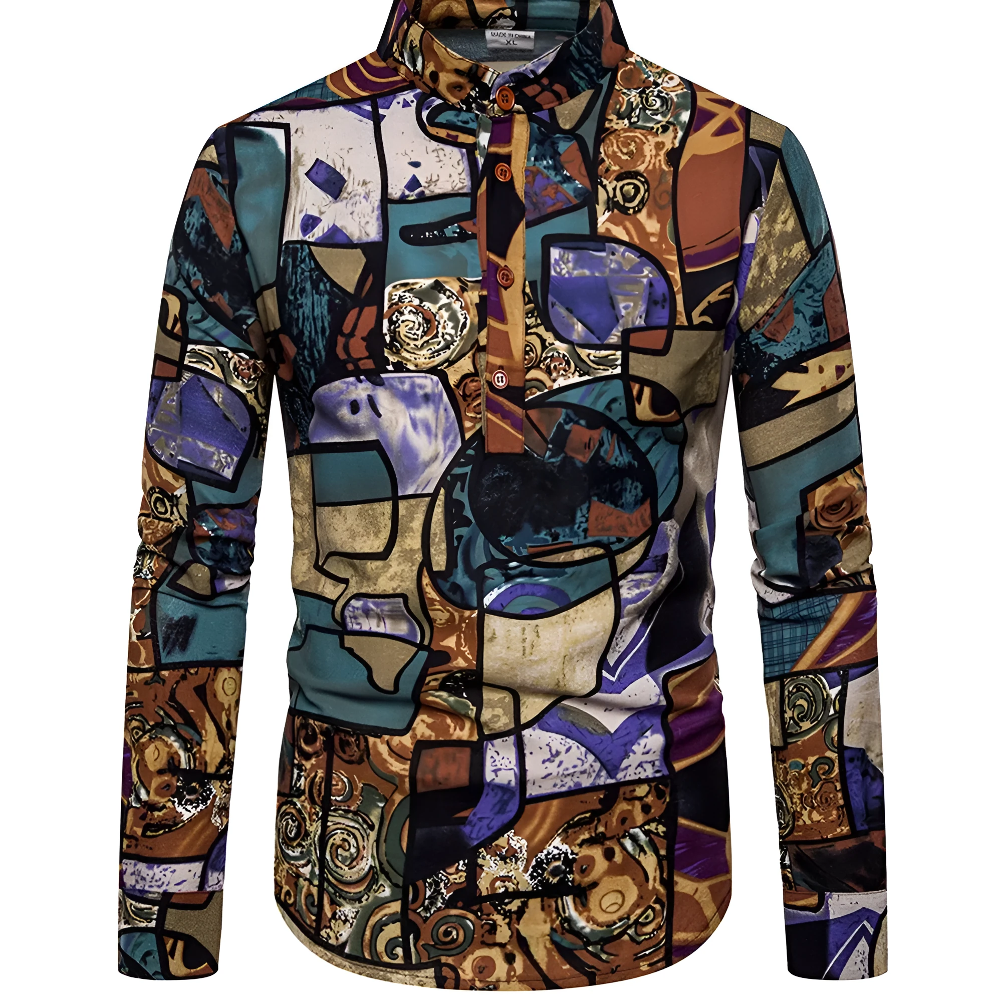 Plus size men's long sleeve floral printed shirt with stand-up collar in extra wide fit, multiple colours available