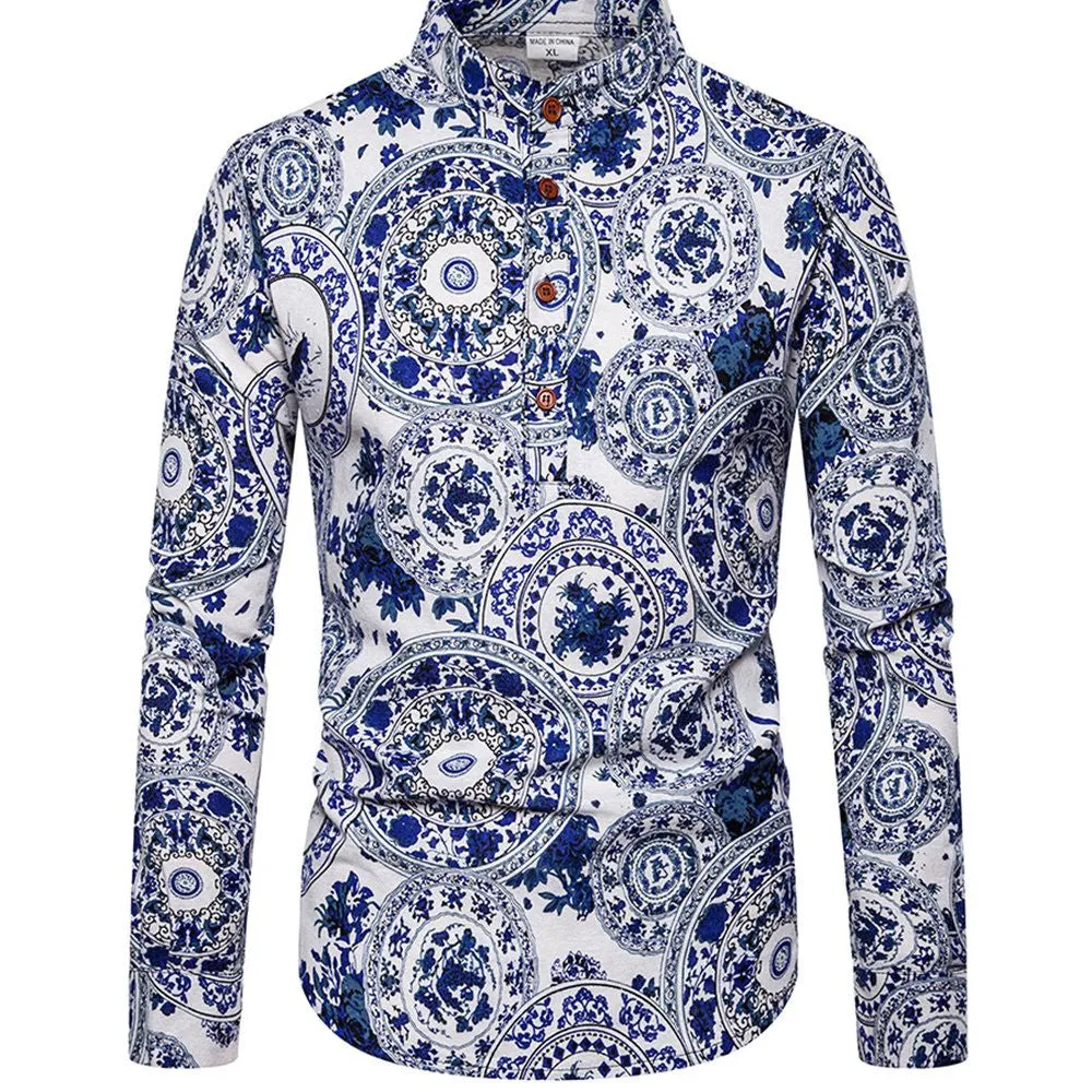 Plus size men's long sleeve floral printed shirt with stand-up collar in extra wide fit, multiple colours available