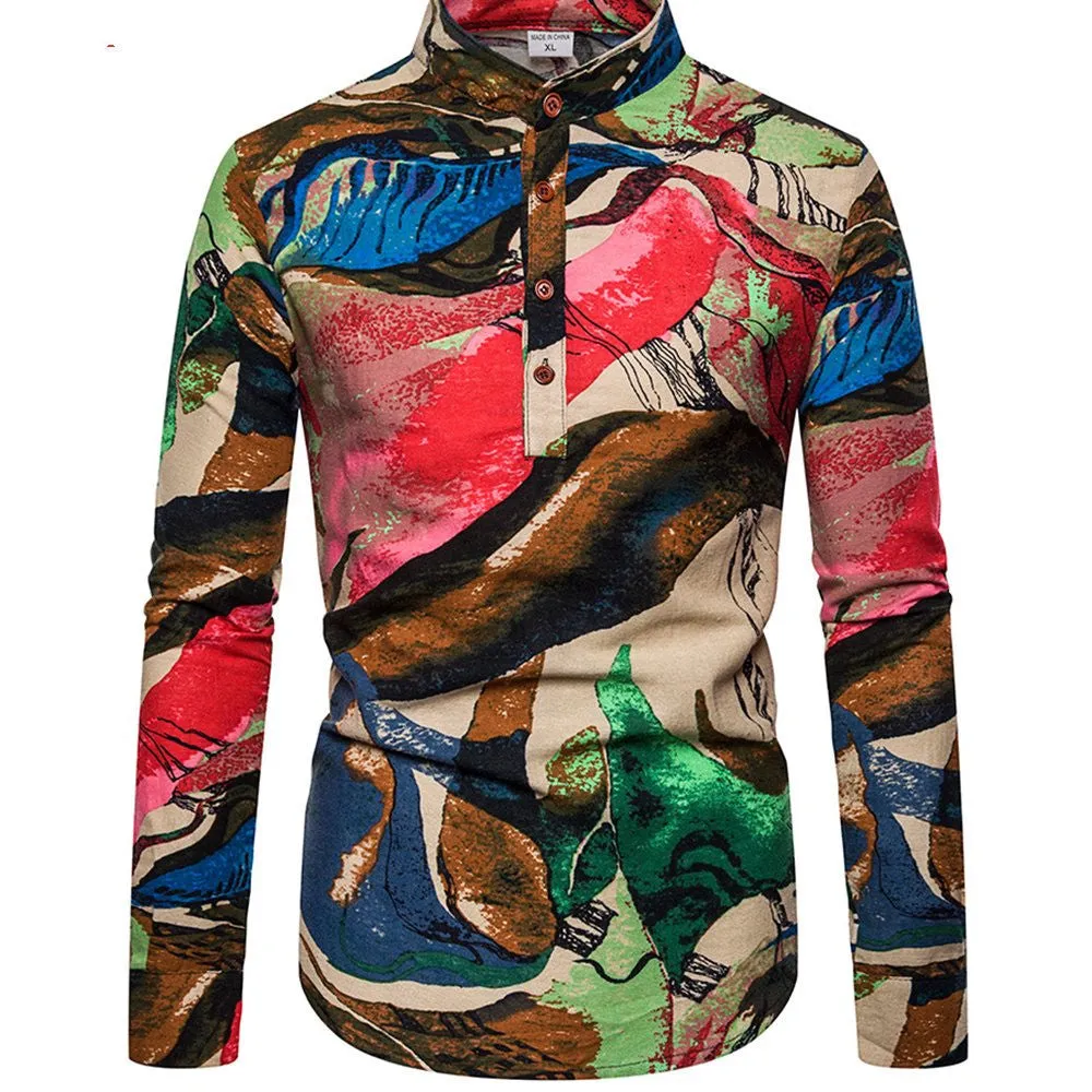 Plus size men's long sleeve floral printed shirt with stand-up collar in extra wide fit, multiple colours available