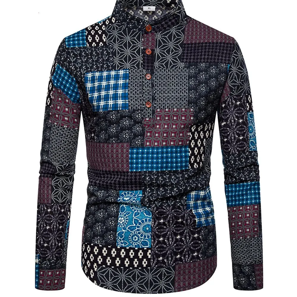 Plus size men's long sleeve floral printed shirt with stand-up collar in extra wide fit, multiple colours available