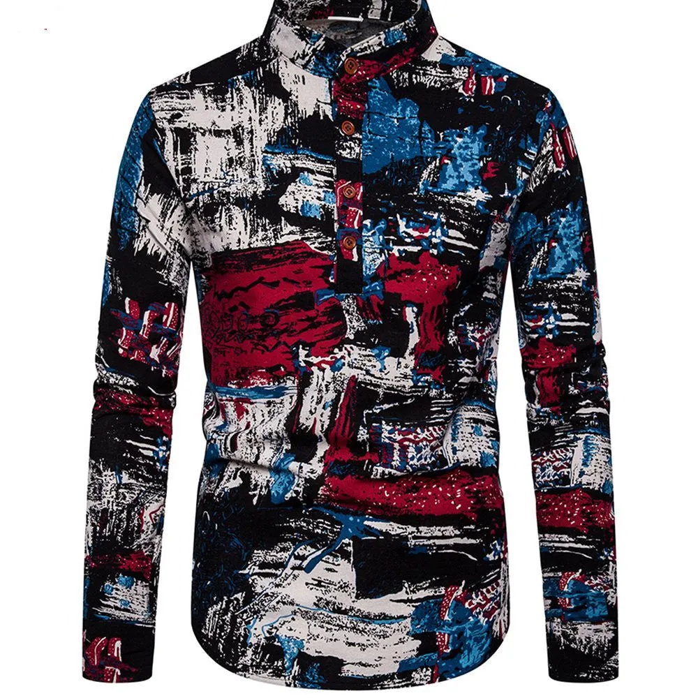 Plus size men's long sleeve floral printed shirt with stand-up collar in extra wide fit, multiple colours available