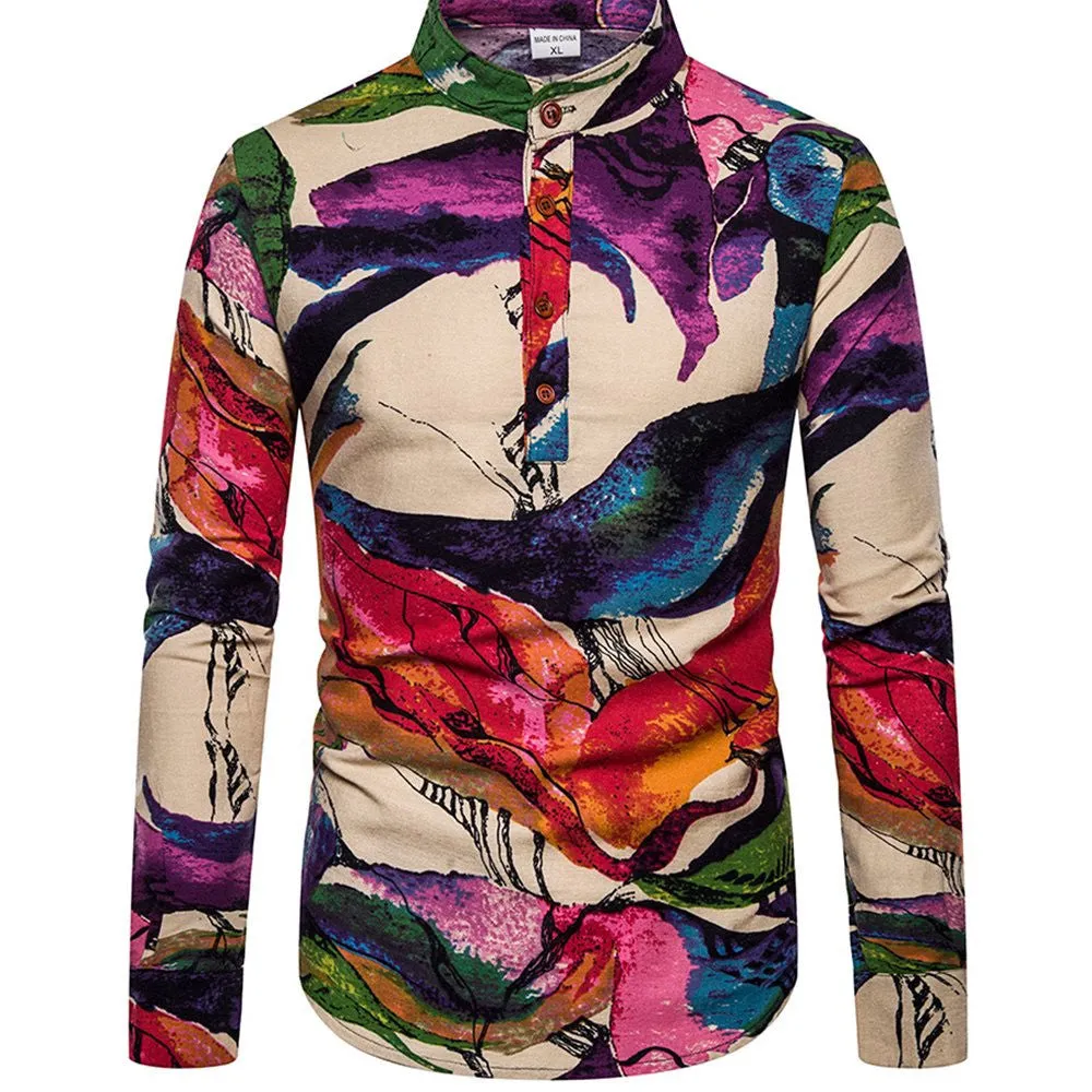 Plus size men's long sleeve floral printed shirt with stand-up collar in extra wide fit, multiple colours available