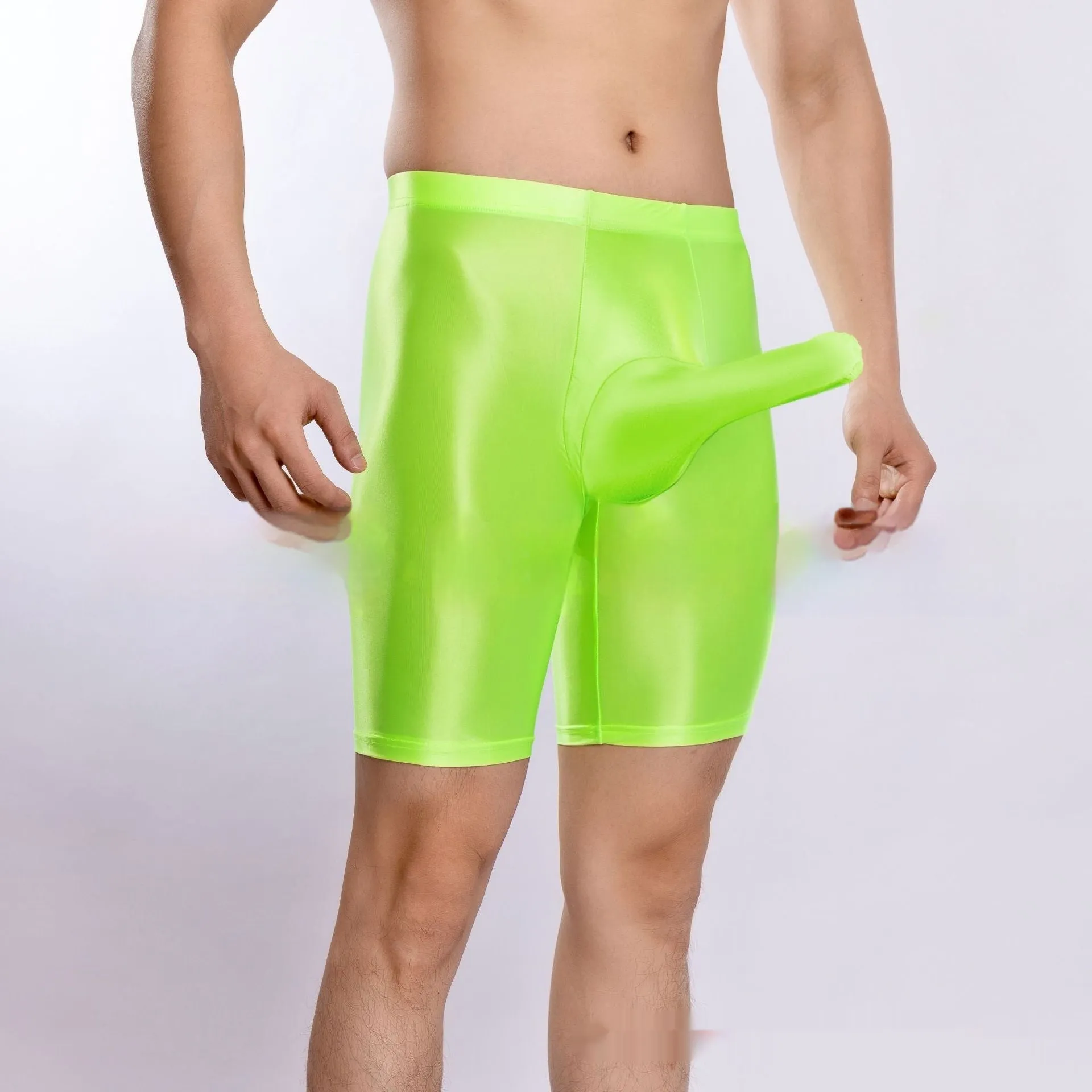 Men's plus size shiny nylon sports shorts in multiple colours on a white background.