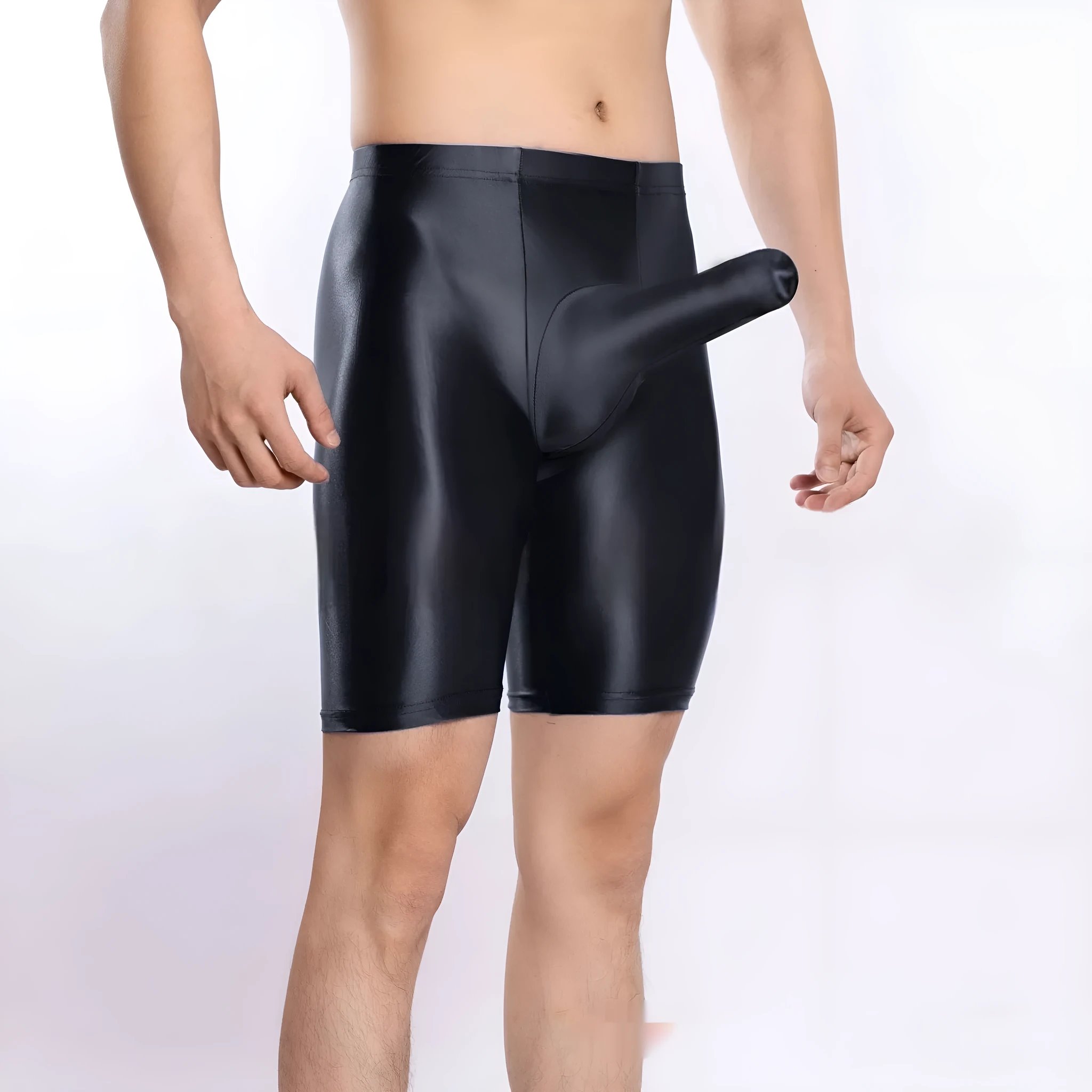 Men's plus size shiny nylon sports shorts in multiple colours on a white background.