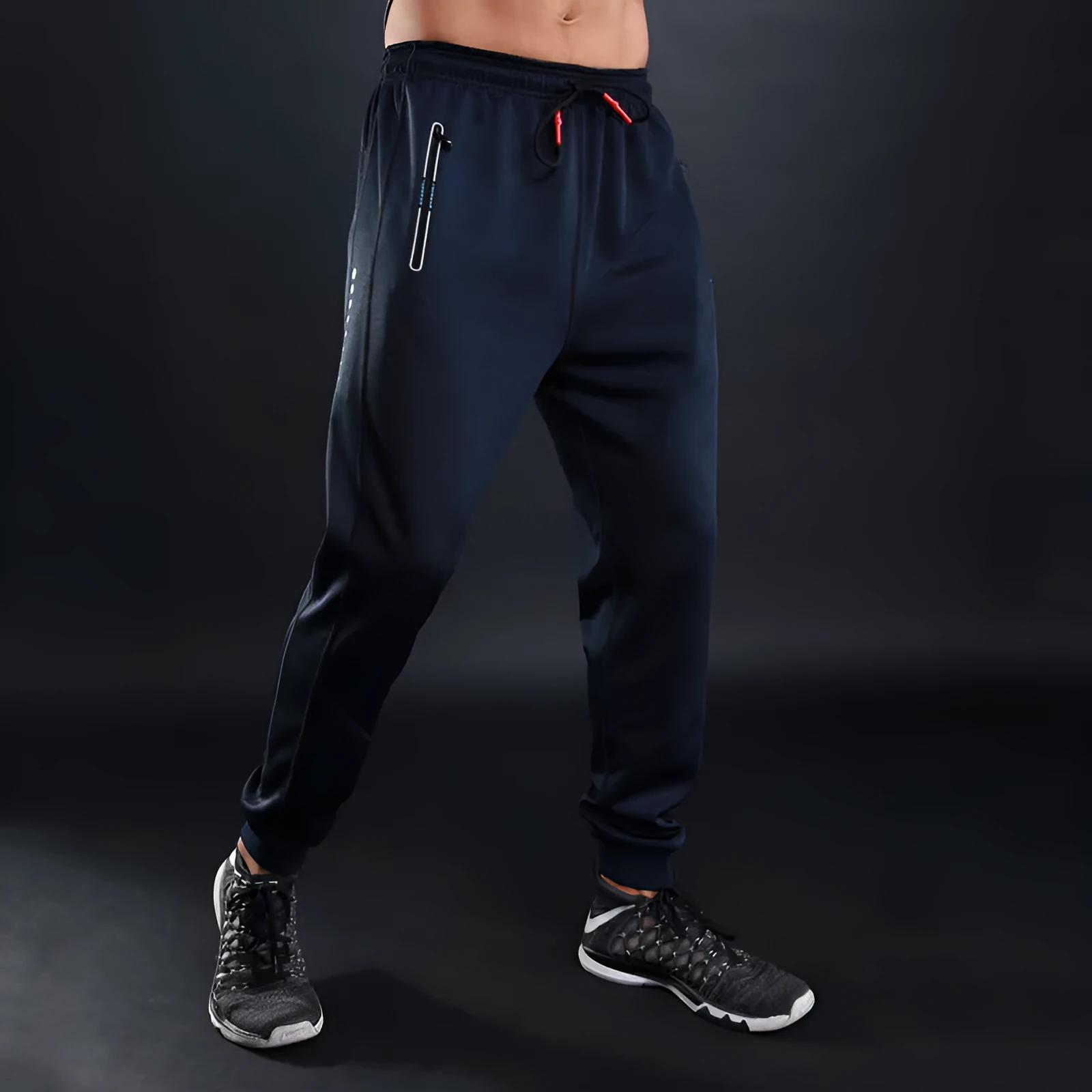 Grey and Royal Blue polyester fitness trousers with elastic waist for training and casual wear