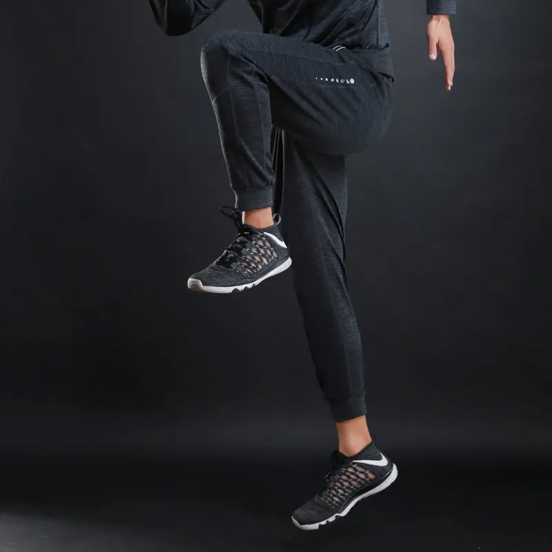 Grey and Royal Blue polyester fitness trousers with elastic waist for training and casual wear