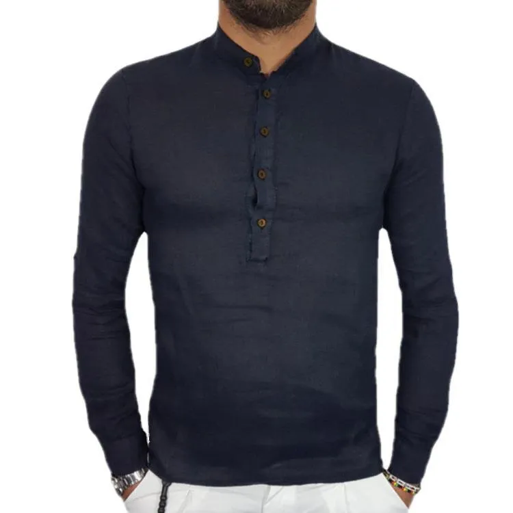 Men's loose fit casual long sleeve shirt in black and beige, hemp cotton blend, sizes S-4XL