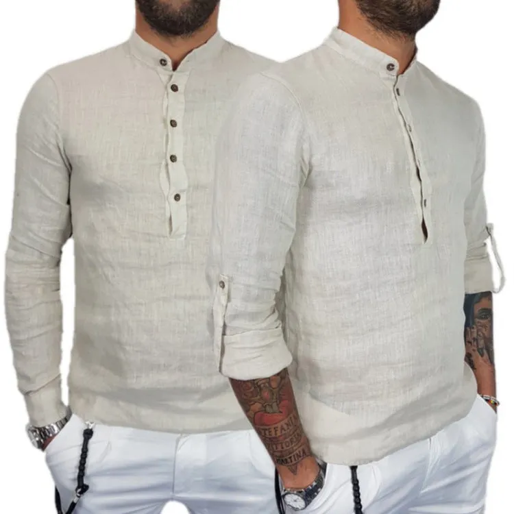 Men's loose fit casual long sleeve shirt in black and beige, hemp cotton blend, sizes S-4XL