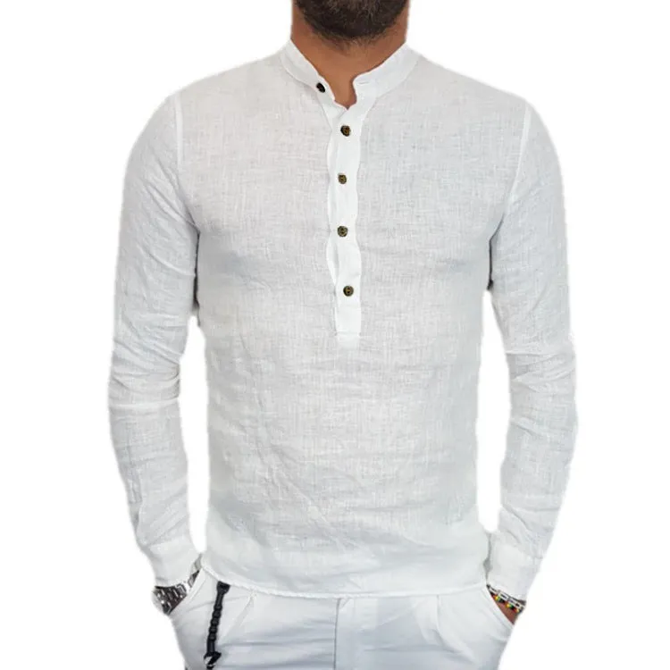 Men's loose fit casual long sleeve shirt in black and beige, hemp cotton blend, sizes S-4XL