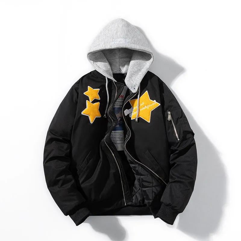 Men's thick loose pilot cotton-padded coat in black with hood, polyester fibre filling, winter jacket