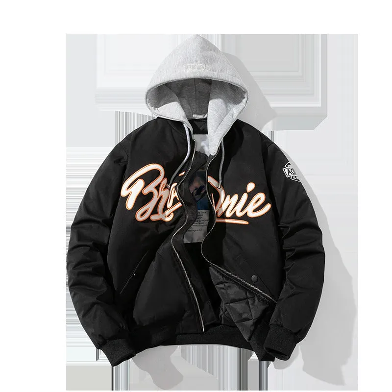 Men's thick loose pilot cotton-padded coat in black with hood, polyester fibre filling, winter jacket