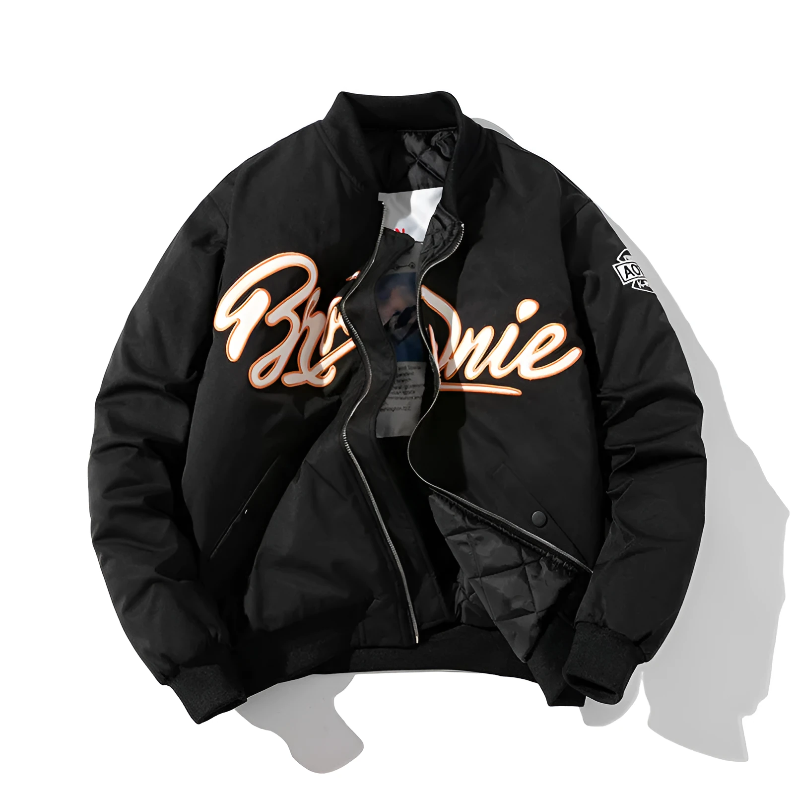 Men's thick loose pilot cotton-padded coat in black with hood, polyester fibre filling, winter jacket