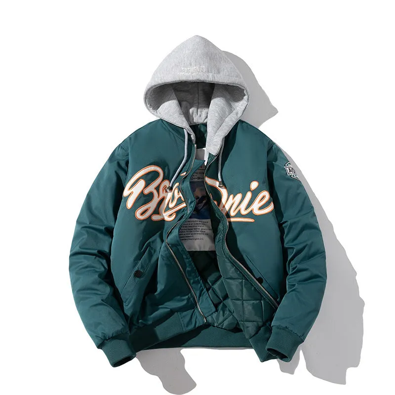 Men's thick loose pilot cotton-padded coat in black with hood, polyester fibre filling, winter jacket