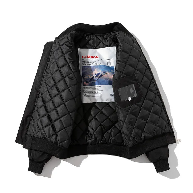 Men's thick loose pilot cotton-padded coat in black with hood, polyester fibre filling, winter jacket