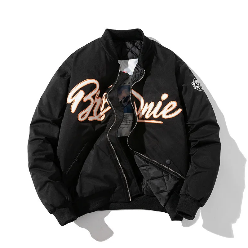 Men's thick loose pilot cotton-padded coat in black with hood, polyester fibre filling, winter jacket