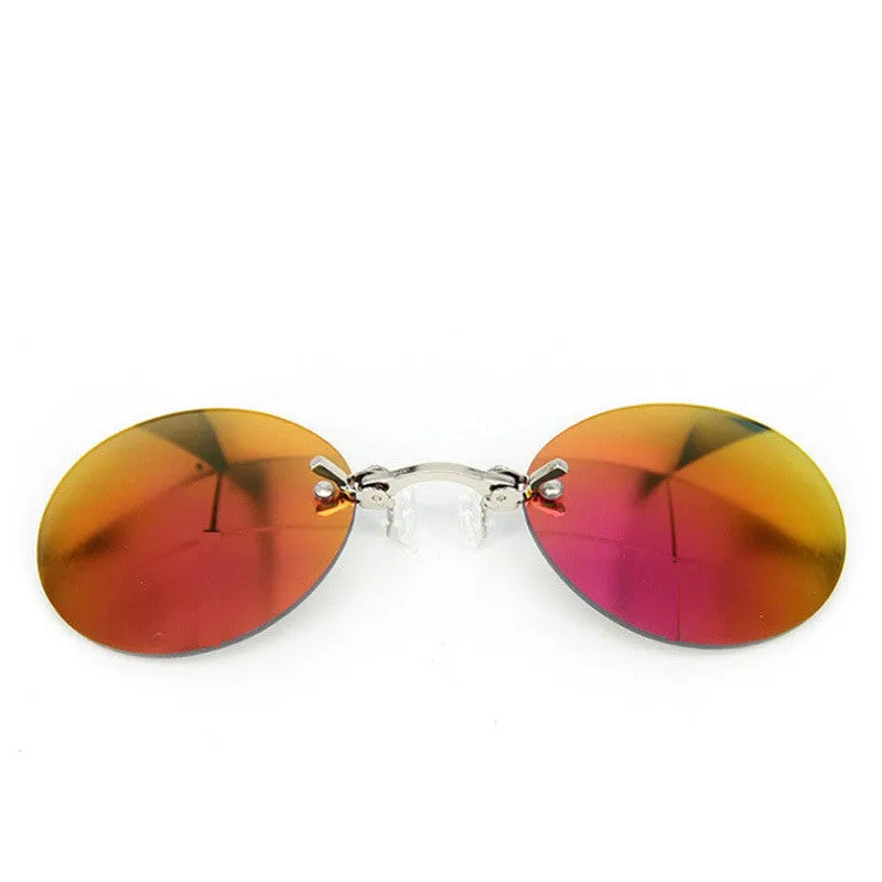 Frameless clip-nose round sunglasses in retro style with metal frame on a person