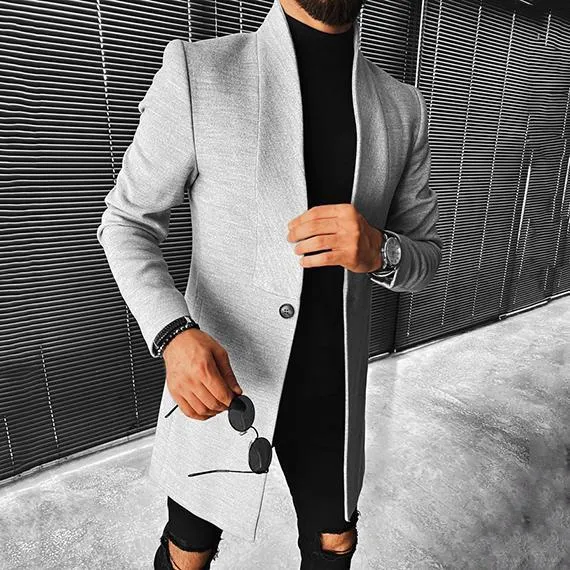 Men's stand-up collar mid-length woolen coat in Grey, front view, available in EU sizes XS to 4XL