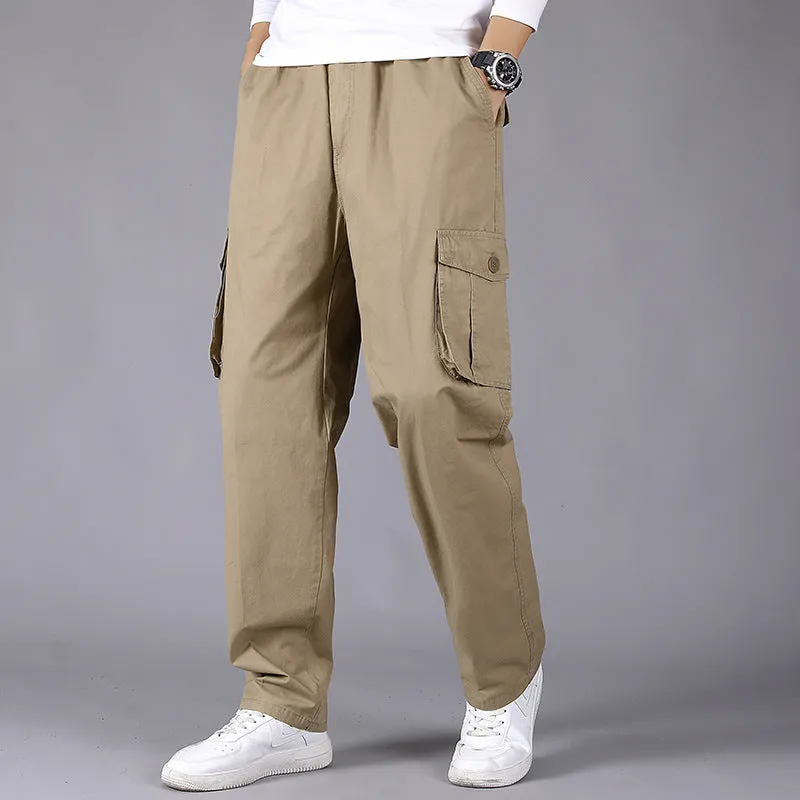 Cotton loose straight leg cargo trousers in black with multiple pockets and zip fly