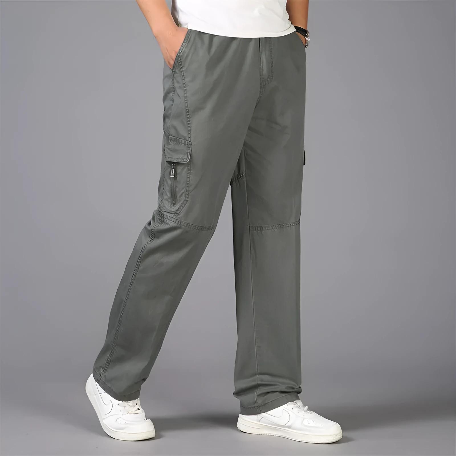 Cotton loose straight leg cargo trousers in black with multiple pockets and zip fly